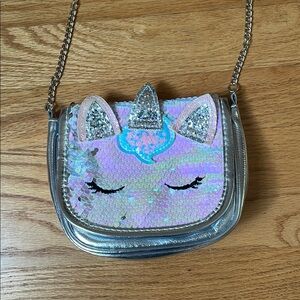 Girls kids unicorn sequin chain long shoulder strap purse bag silver